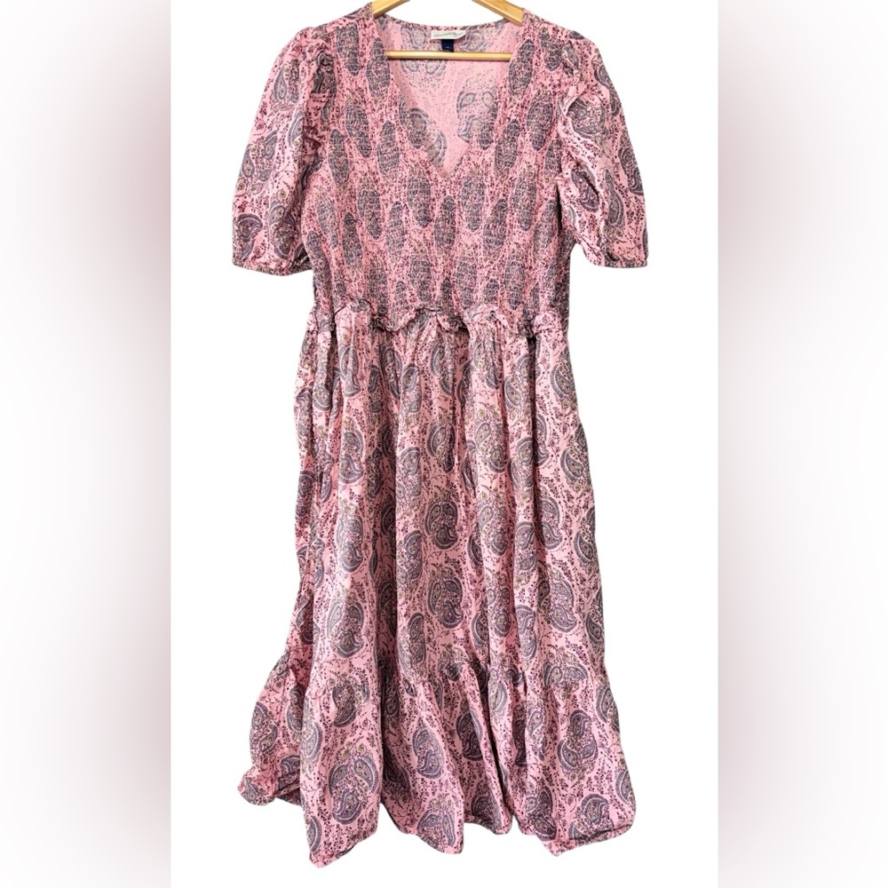 Universal Thread Puff Sleeve Midi Dress Pink Paisley Boho Smocked | Women’s XXL